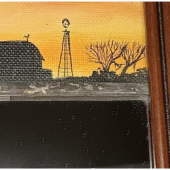 Vintage Small Painting W/ Mirror Barn Windmill Landscape Sunset Framed Rustic - Picture 10 of 12